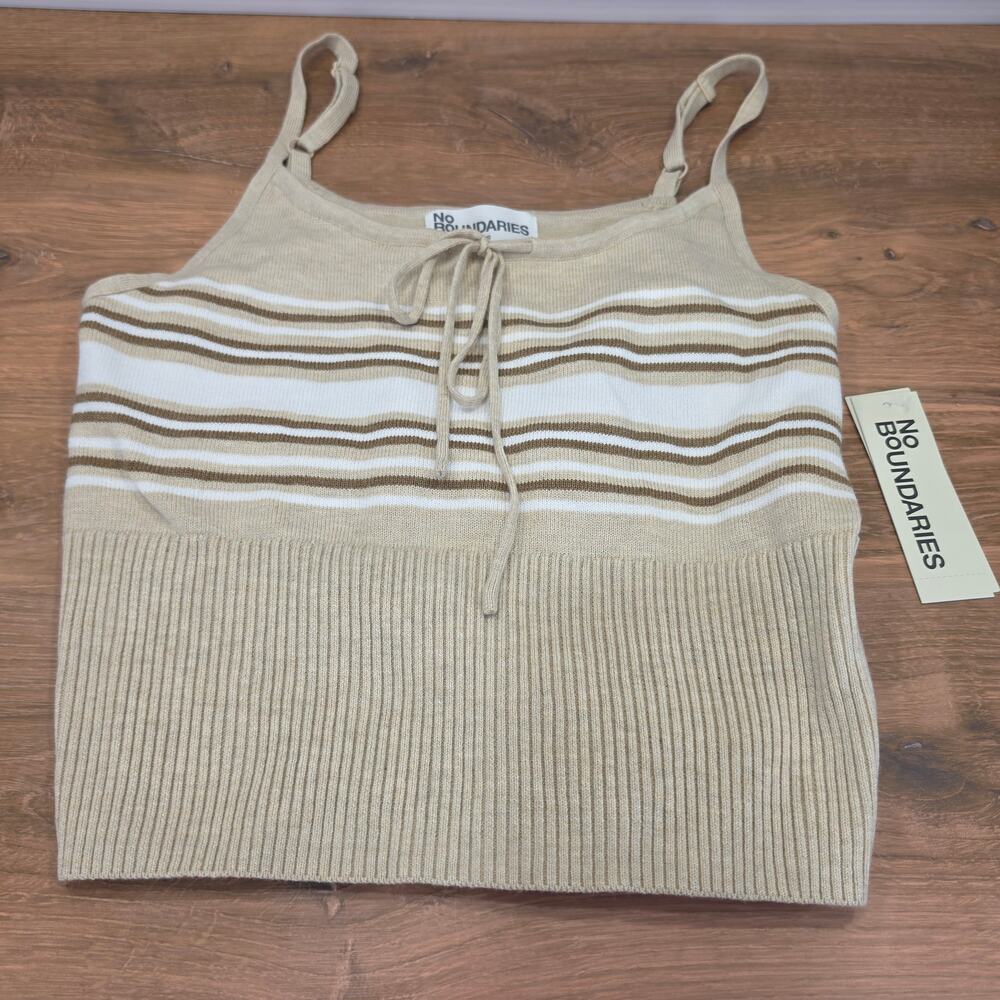 No Boundaries Women Beige Striped Ribbed Knit Cami Tank Top Size L 12-14